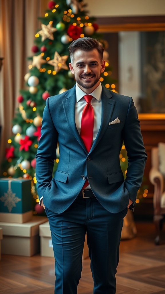 Stylish Christmas Outfit Ideas for Men A man in a navy suit with a red tie, standing next to a Christmas tree, showcasing a stylish holiday outfit.